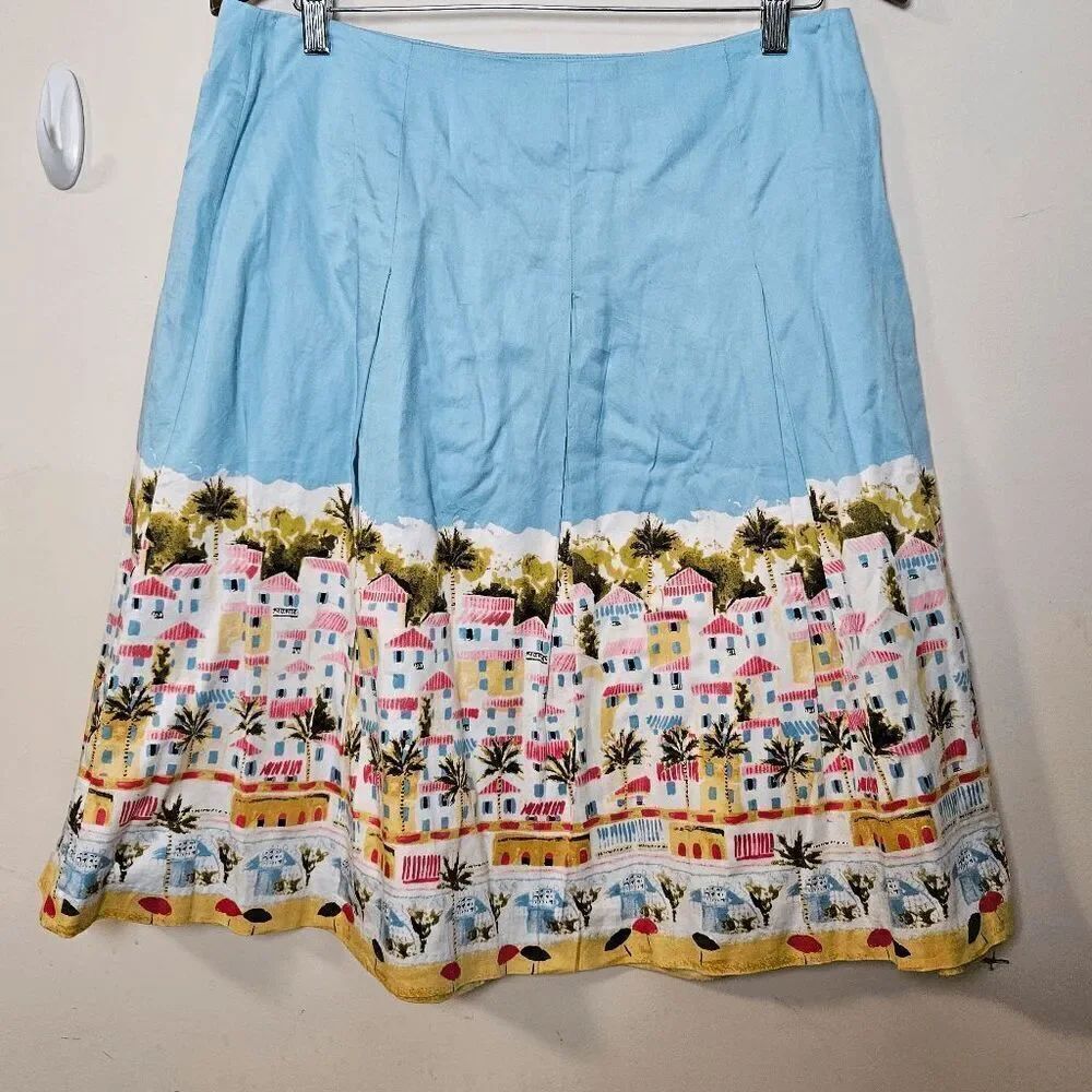 Talbots Watercolor Santorini Vacation Village Resort Skirt Womens Aline Blue 10